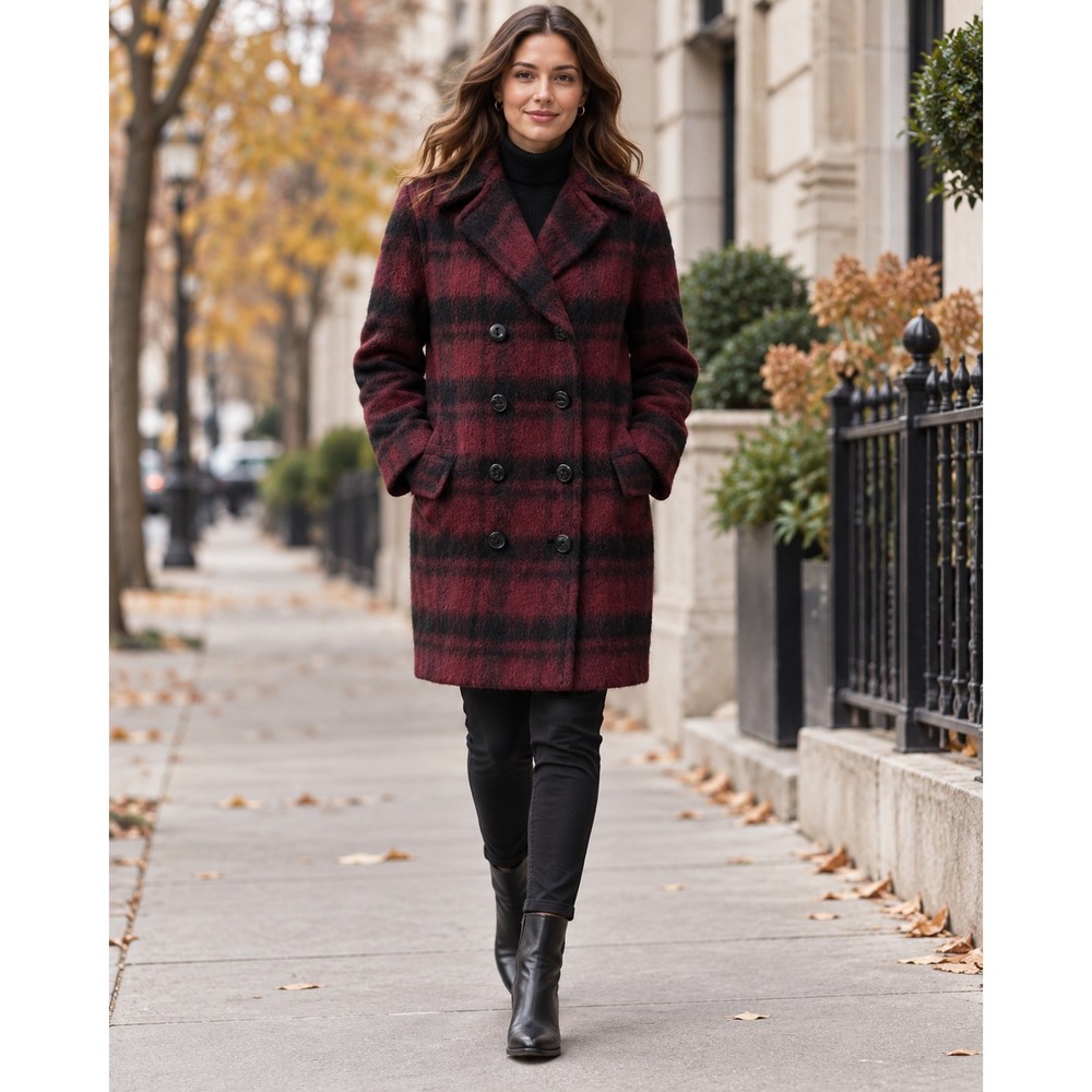 Coach New York Burgundy Black Plaid Double Breasted Wool Blend Pea Coat Womens M